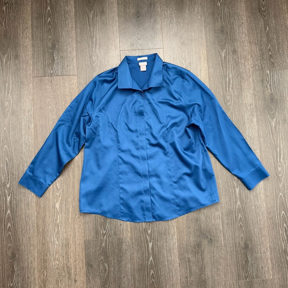 Chicos Sz 2 LP‎ 12/14 No Iron Button Down Blue Top Easy Care Collard Career